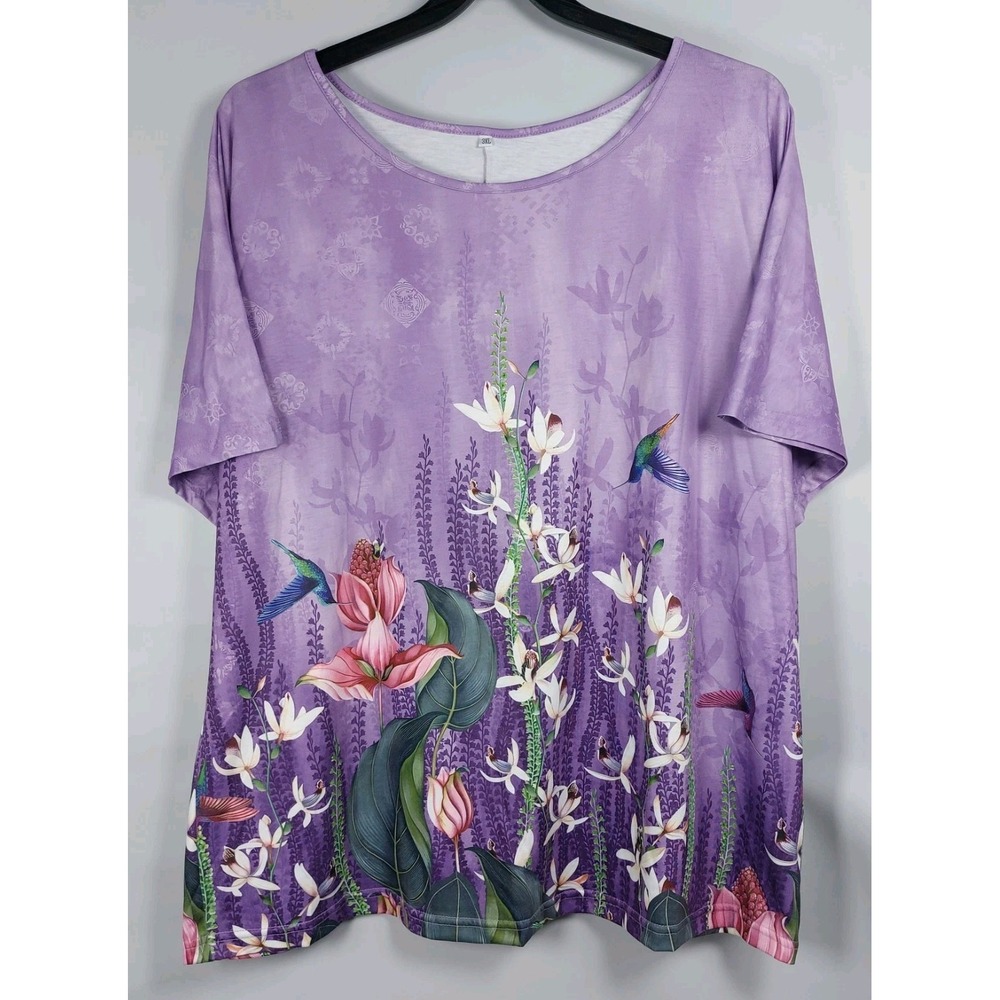Temu Floral Short Sleeve‎ Top Sz 3XL Purple Hummingbird